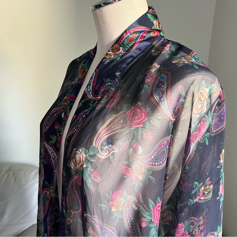 Vintage Victoria’s Secret Gold Label Robe Kimono Floral Paisley Blue Red OS Chic - Picture 5 of 16